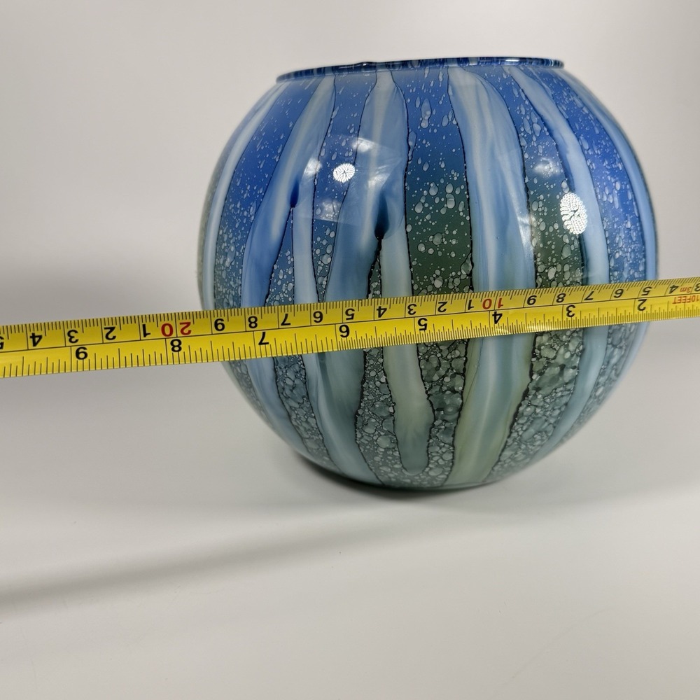 Vintage Art Glass, Hand Blown Rose Bowl Vase, Blue Green Watercolor‎ 7" - Picture 11 of 11